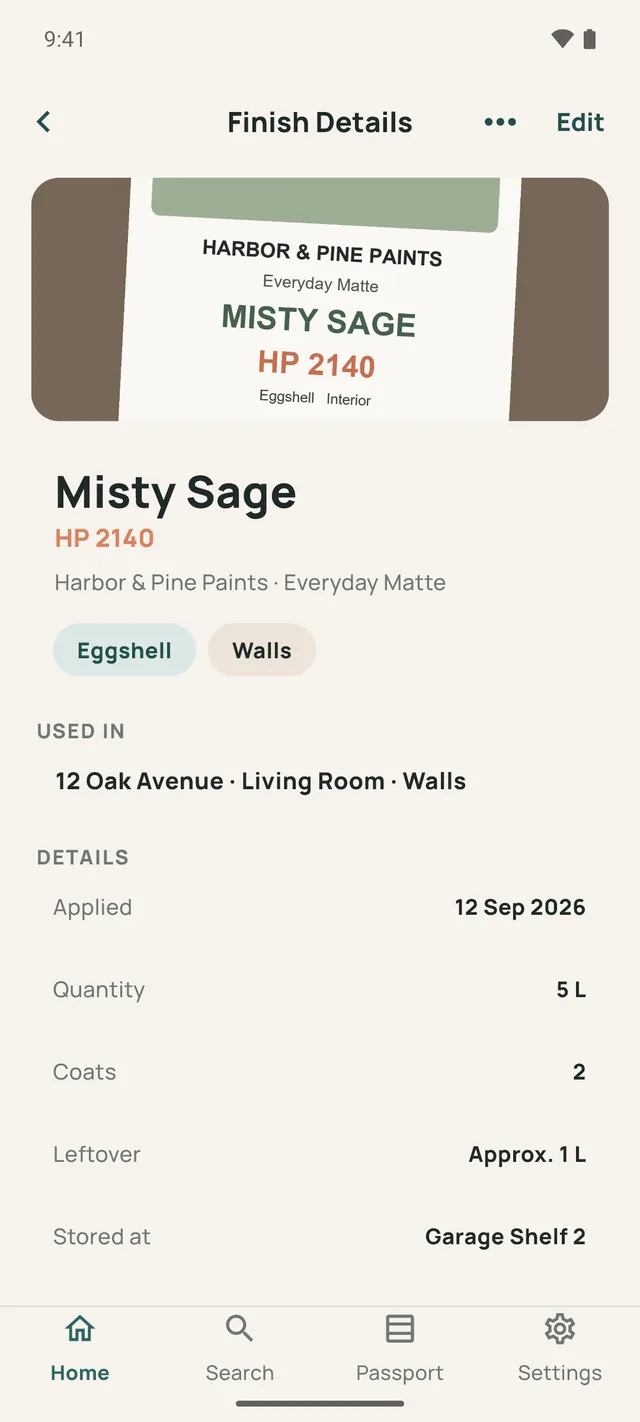 Finish details for Misty Sage HP 2140 by Harbor & Pine Paints, eggshell, with its leftover stored on Garage Shelf 2