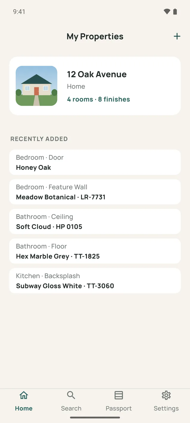 PaintBook home screen with the property 12 Oak Avenue and its recently added finishes