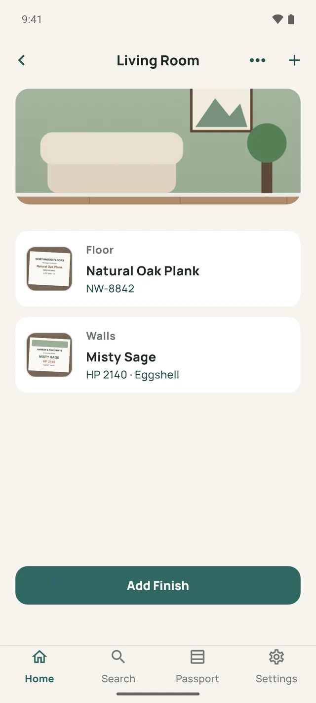 The Living Room in PaintBook, listing Natural Oak Plank on the floor and Misty Sage on the walls