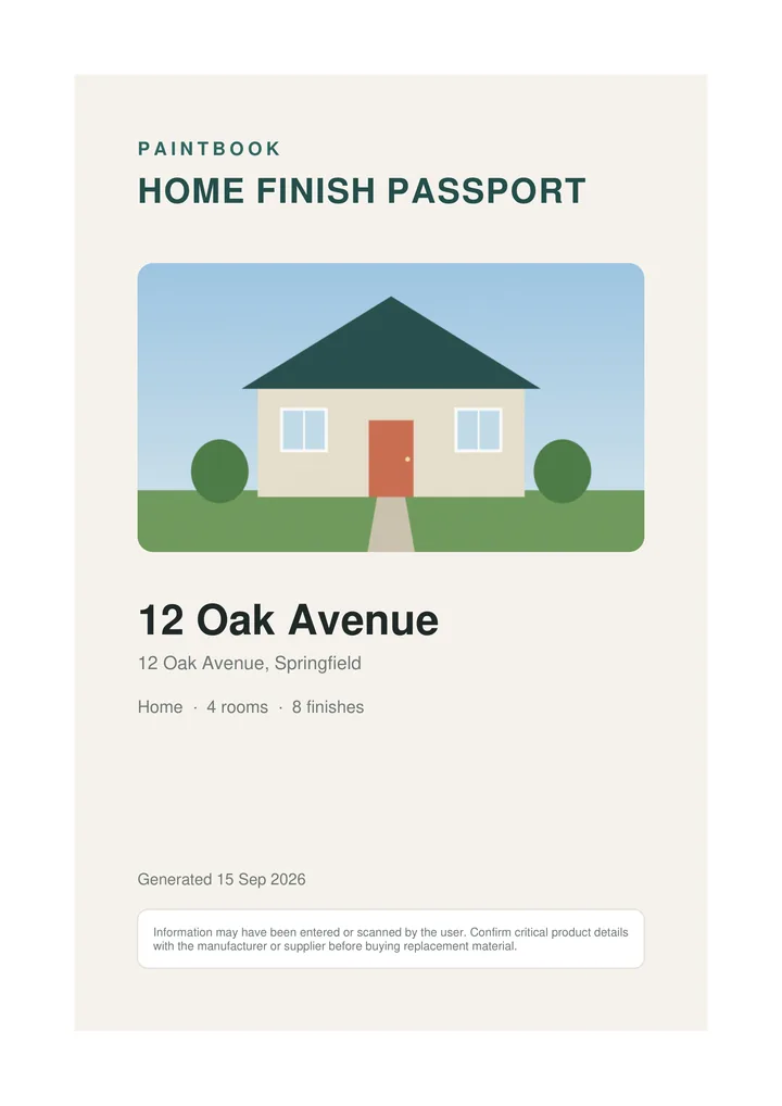 Cover page of the Home Finish Passport for 12 Oak Avenue