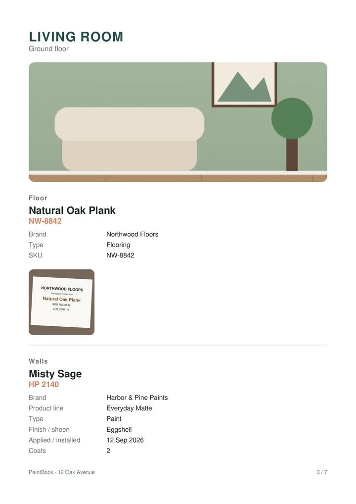 Living Room page of the Passport with the floor and wall finishes and a label photo